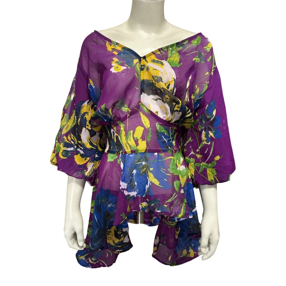 Ashley Stewart Size 14 Purple Sheer Floral Dress High Low Hem Metal Side Zip Art - Picture 2 of 13